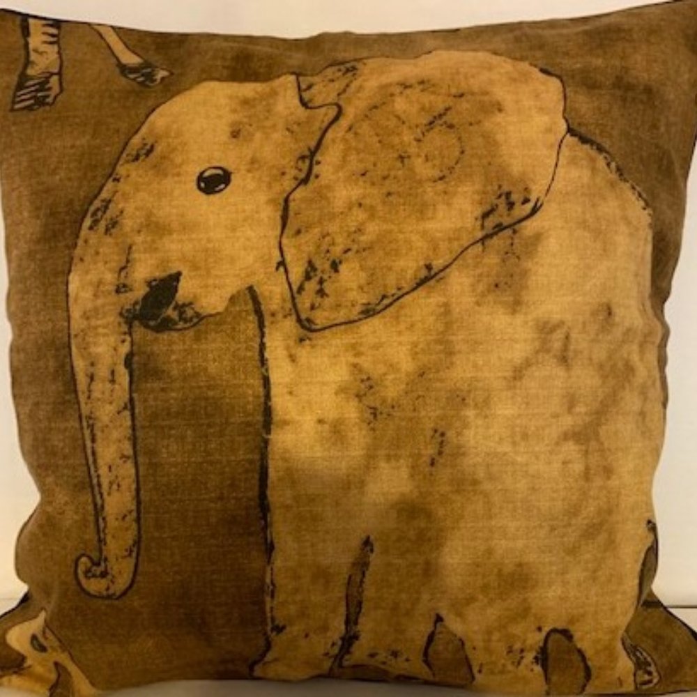 African Raffia Cloth Elephant Print Pillow Cover